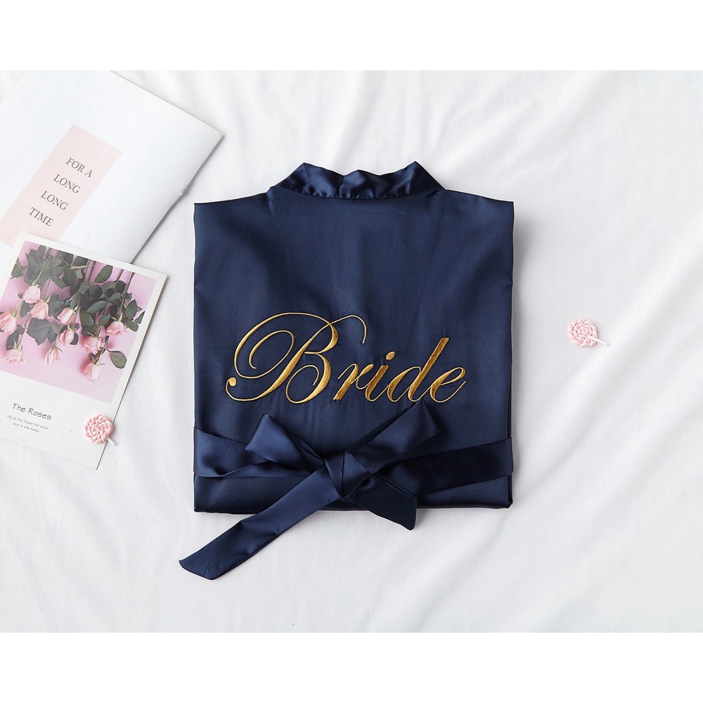 Navy Blue Satin Bride Robe for Wedding Bridal Party