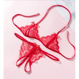 Plain lace lingerie set in red – sheer floral lace bra and tie-side panty set, flat lay
