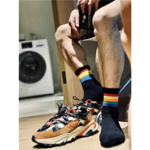 Black rainbow socks worn – stokin rainbow panjang